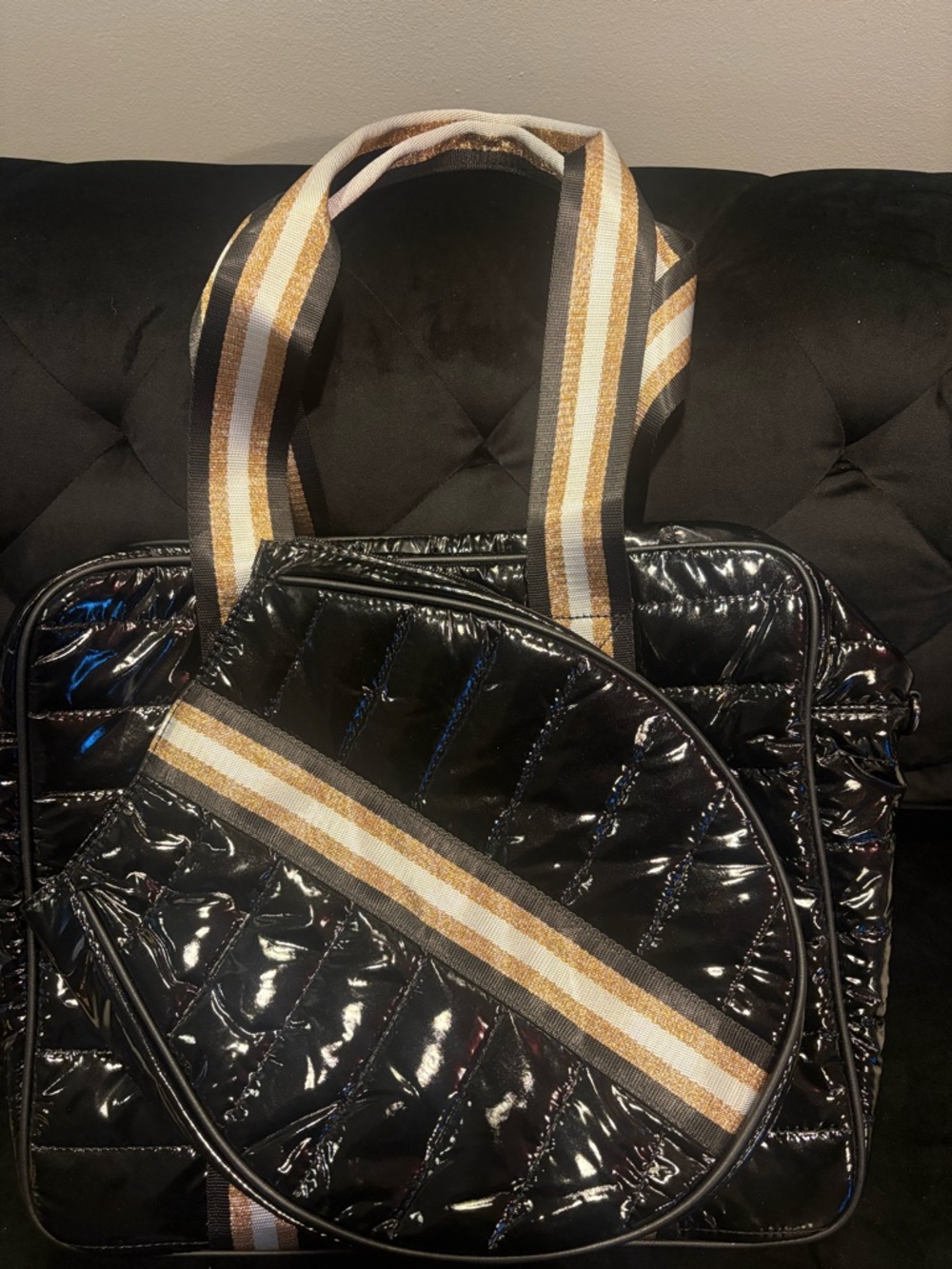 Black Quilted Patent Tote with Tennis or Pickleball Pouch